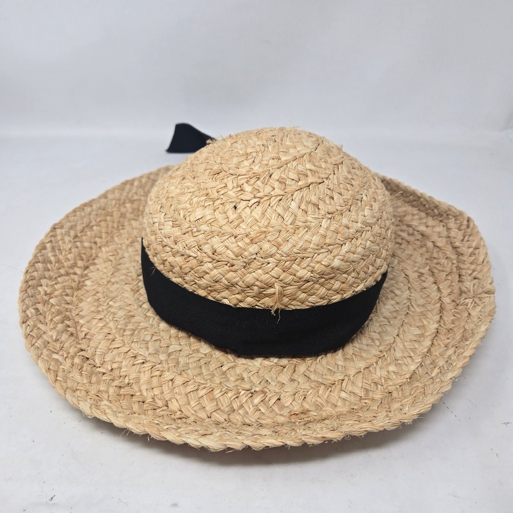 Liz Claiborne Woven Straw Sun Hat Tan Black Grosgrain Ribbon Bow Wide Brim